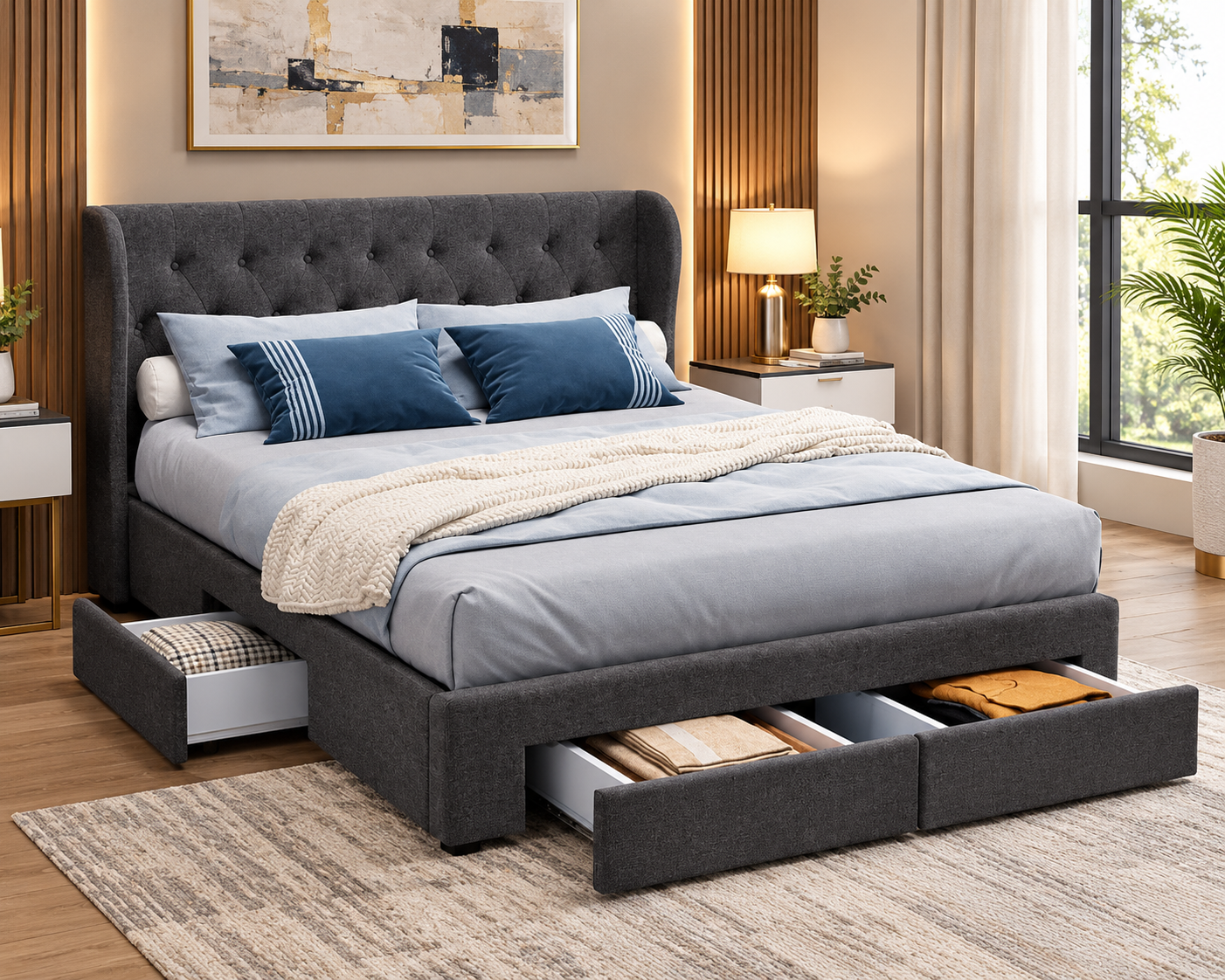Milan King size bed frame with four Dawer - Image 4
