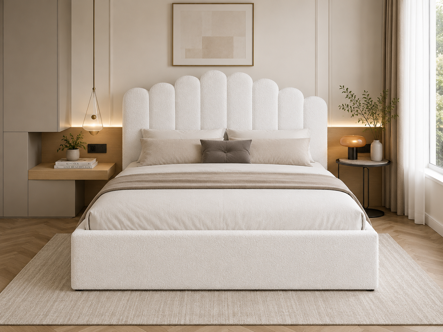 Fiona Queen bed frame gas lift white boucle - Image 4