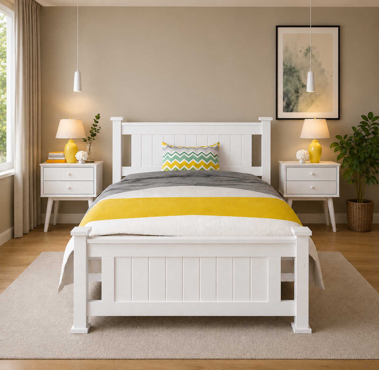 Reyu King single bed frame white wooden - Image 2