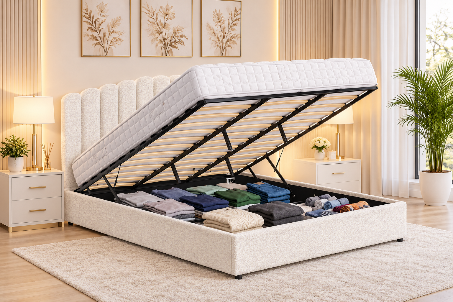 Fiona Queen bed frame gas lift white boucle - Image 2