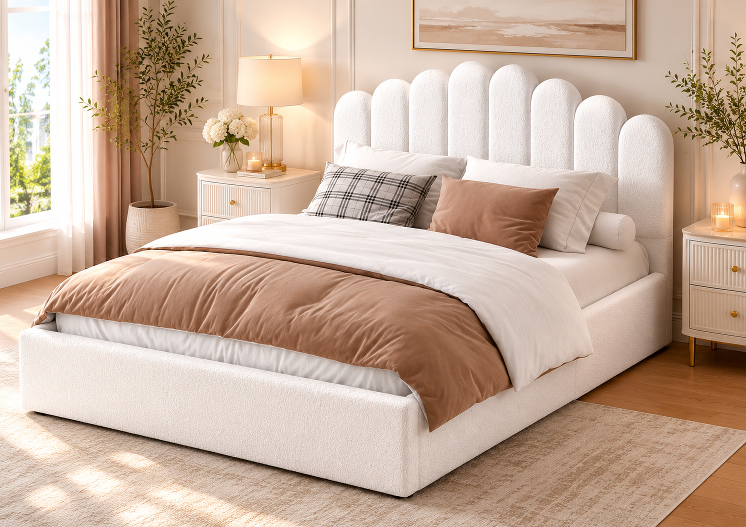 Fiona Queen bed frame gas lift white boucle - Image 3