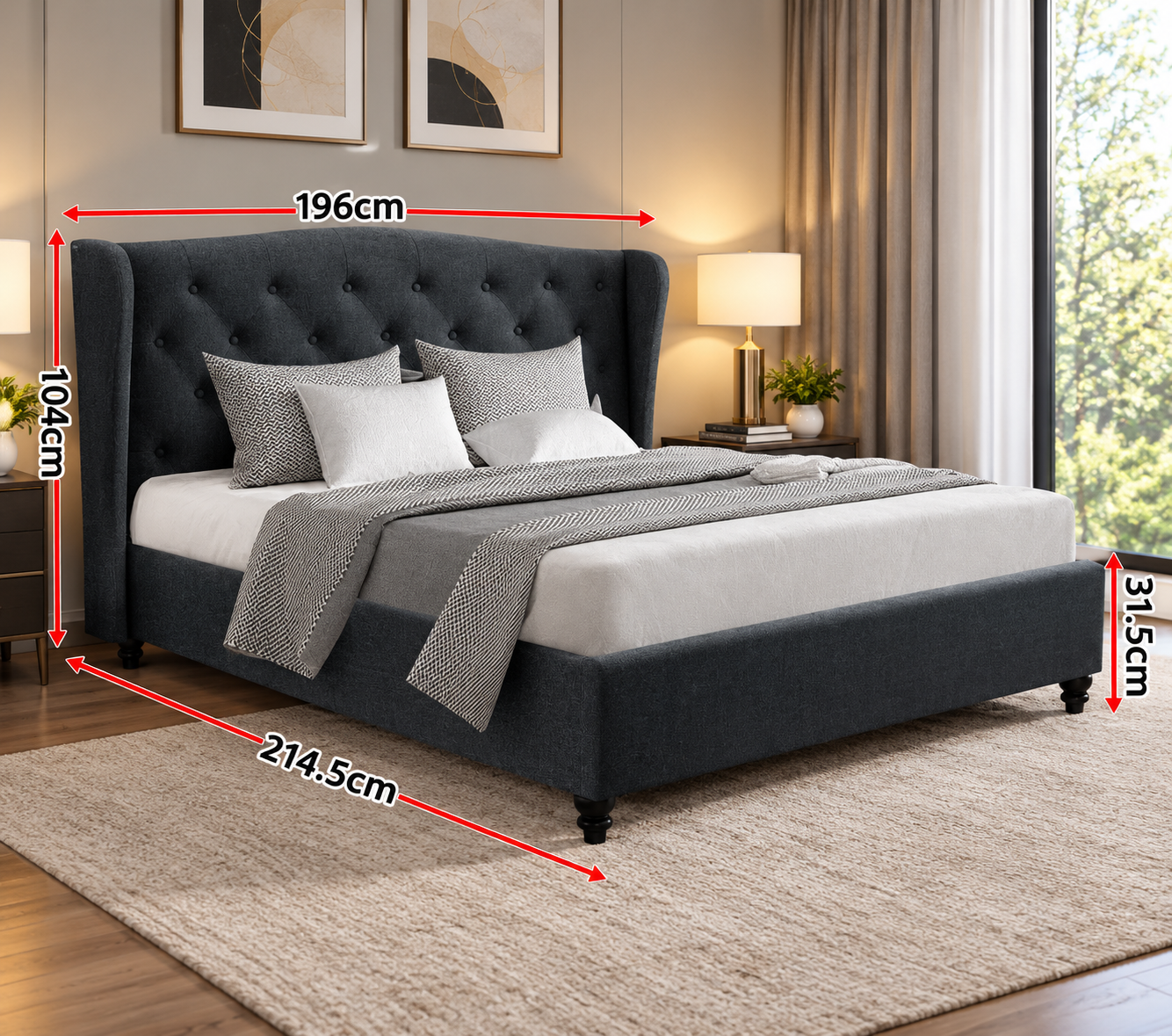 Fiyar King bed frame with side wings Charcol - Image 3
