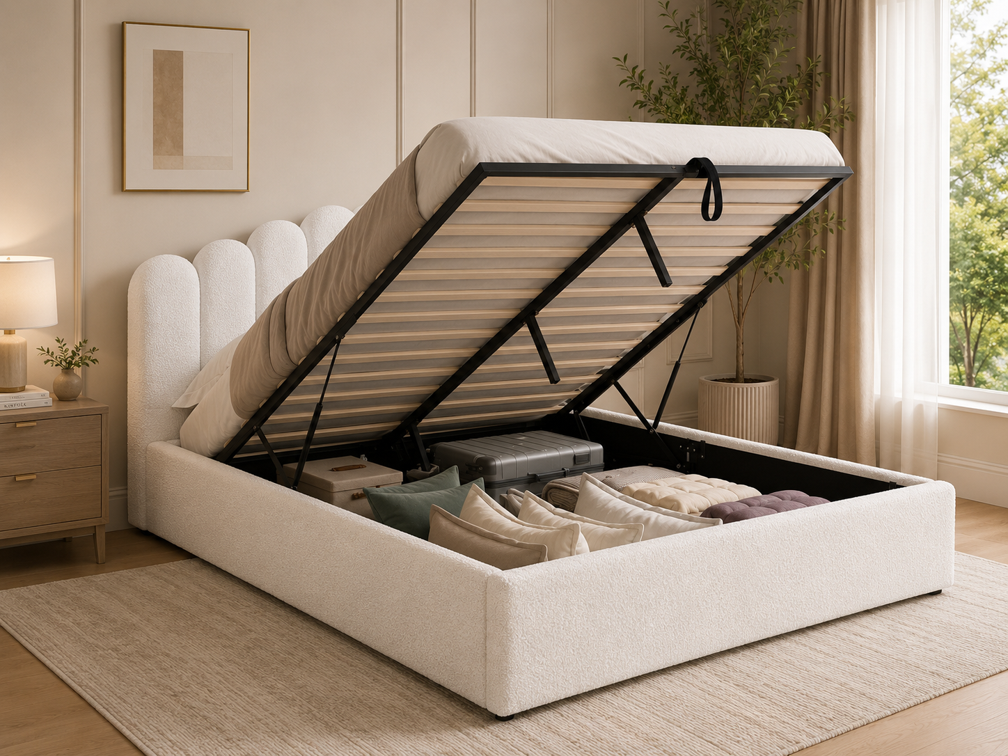 Fiona Queen bed frame gas lift white boucle - Image 5