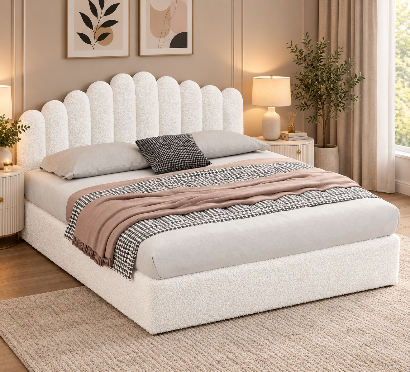 Samera King gas lift Bed frame white boucle - Image 2