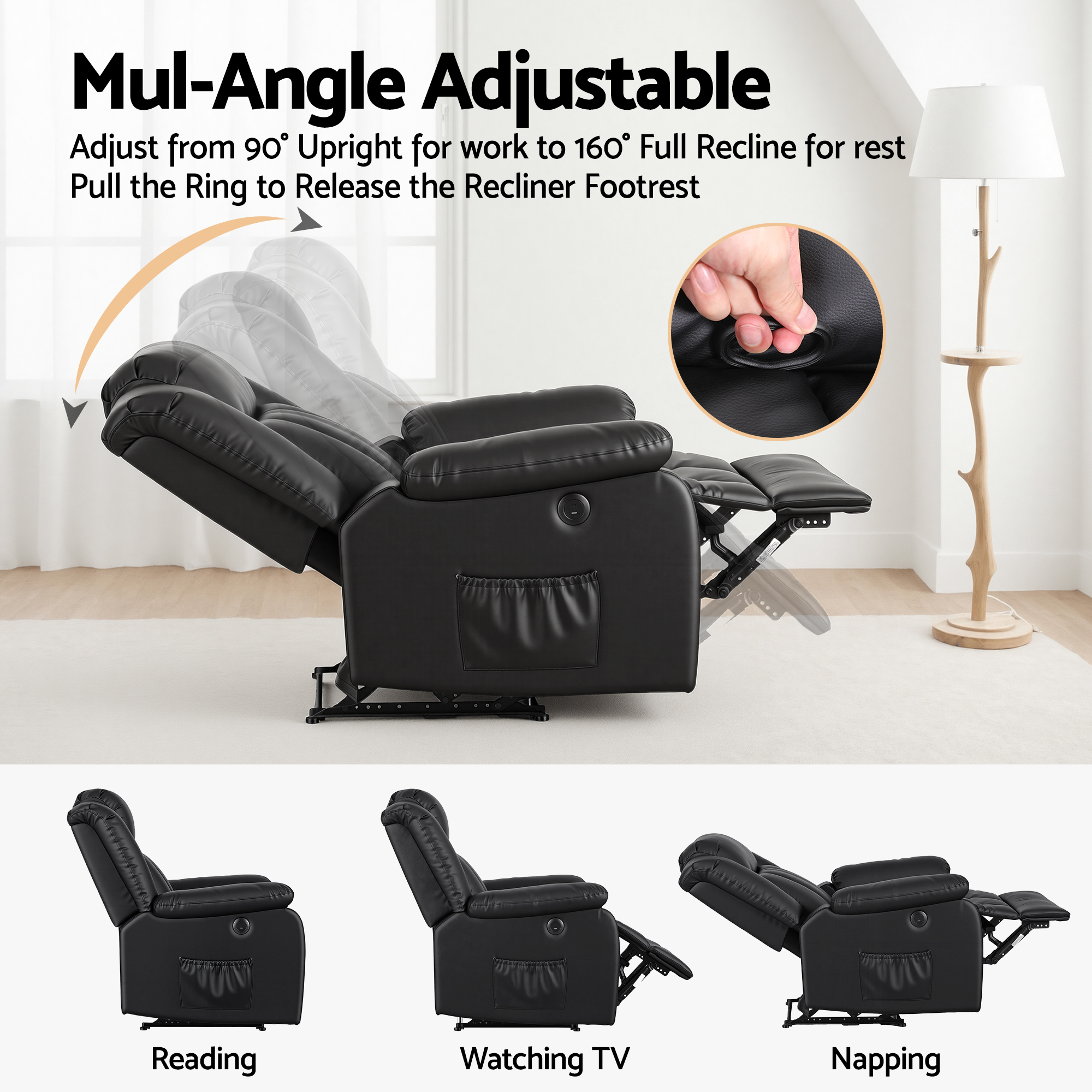 Vibra Recliner armchair 8 point massage chair black pu - Image 5