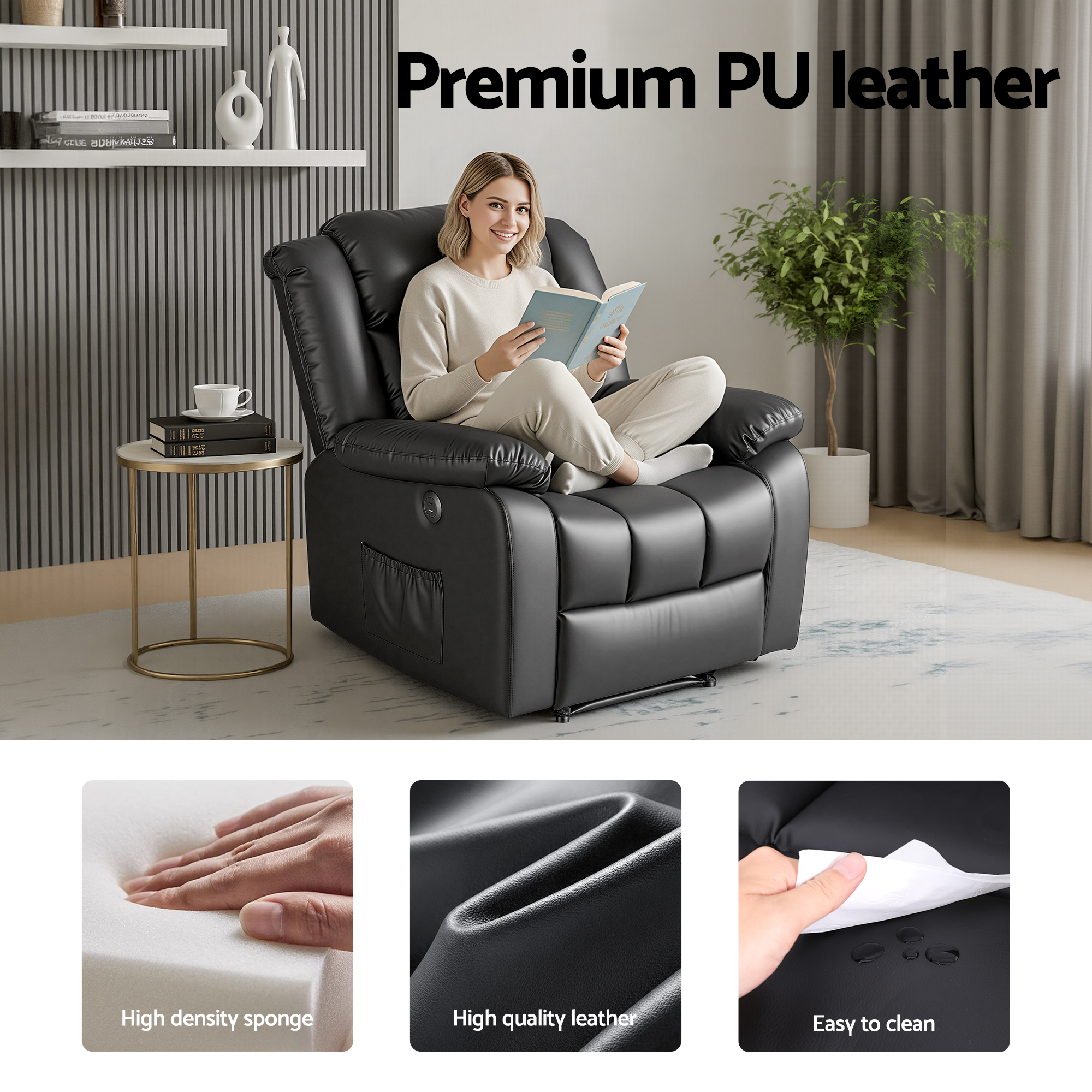Vibra Recliner armchair 8 point massage chair black pu - Image 2
