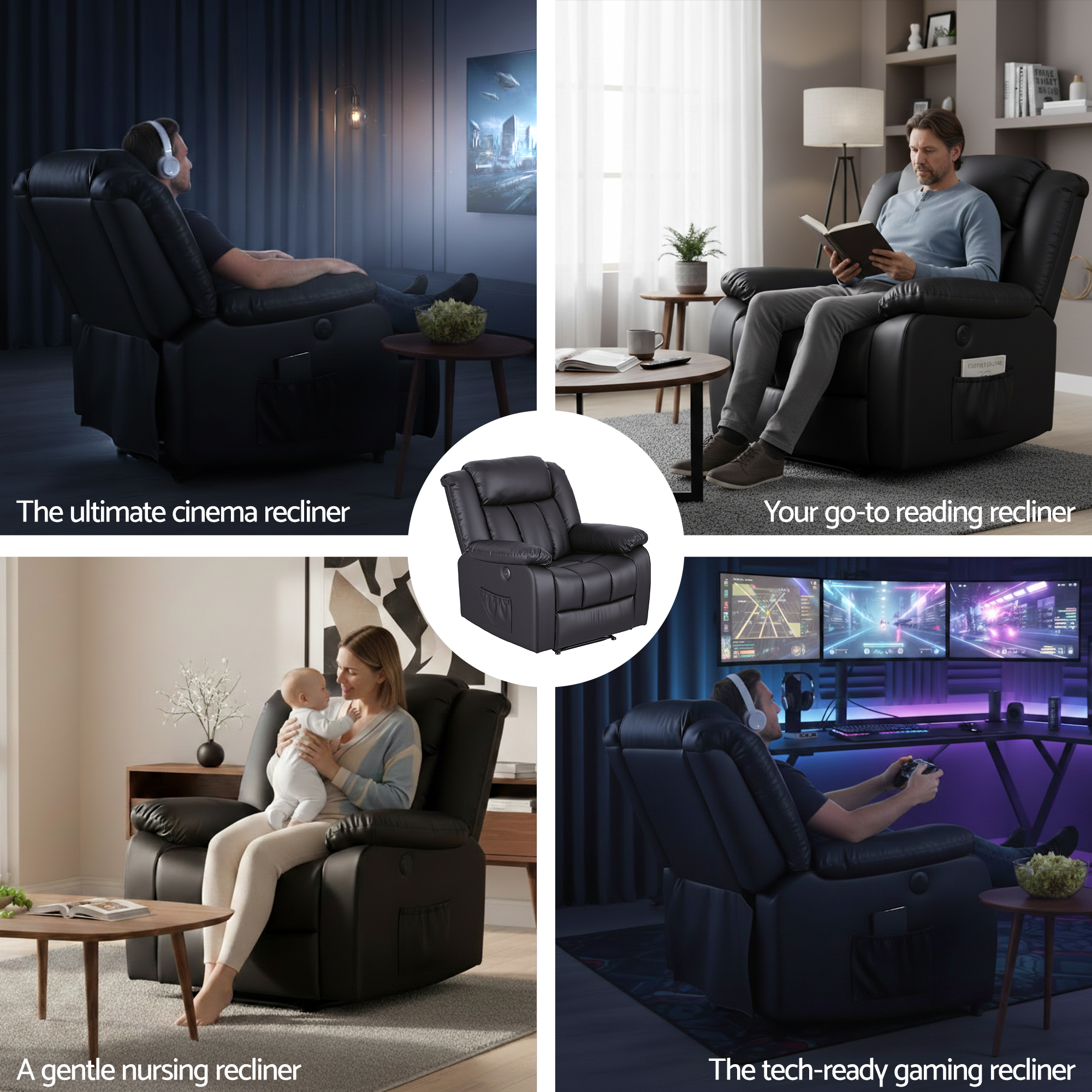 Vibra Recliner armchair 8 point massage chair black pu - Image 3