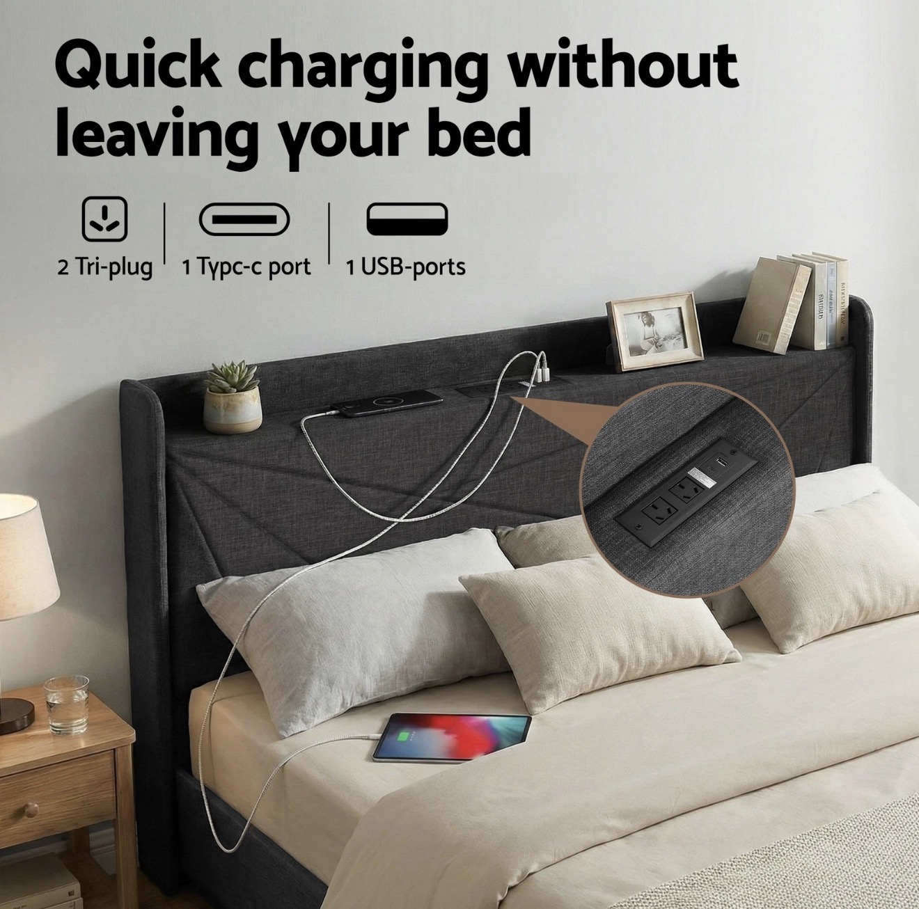 Marisa King gas lift bed frame with charging port dark grey fabric - Image 2