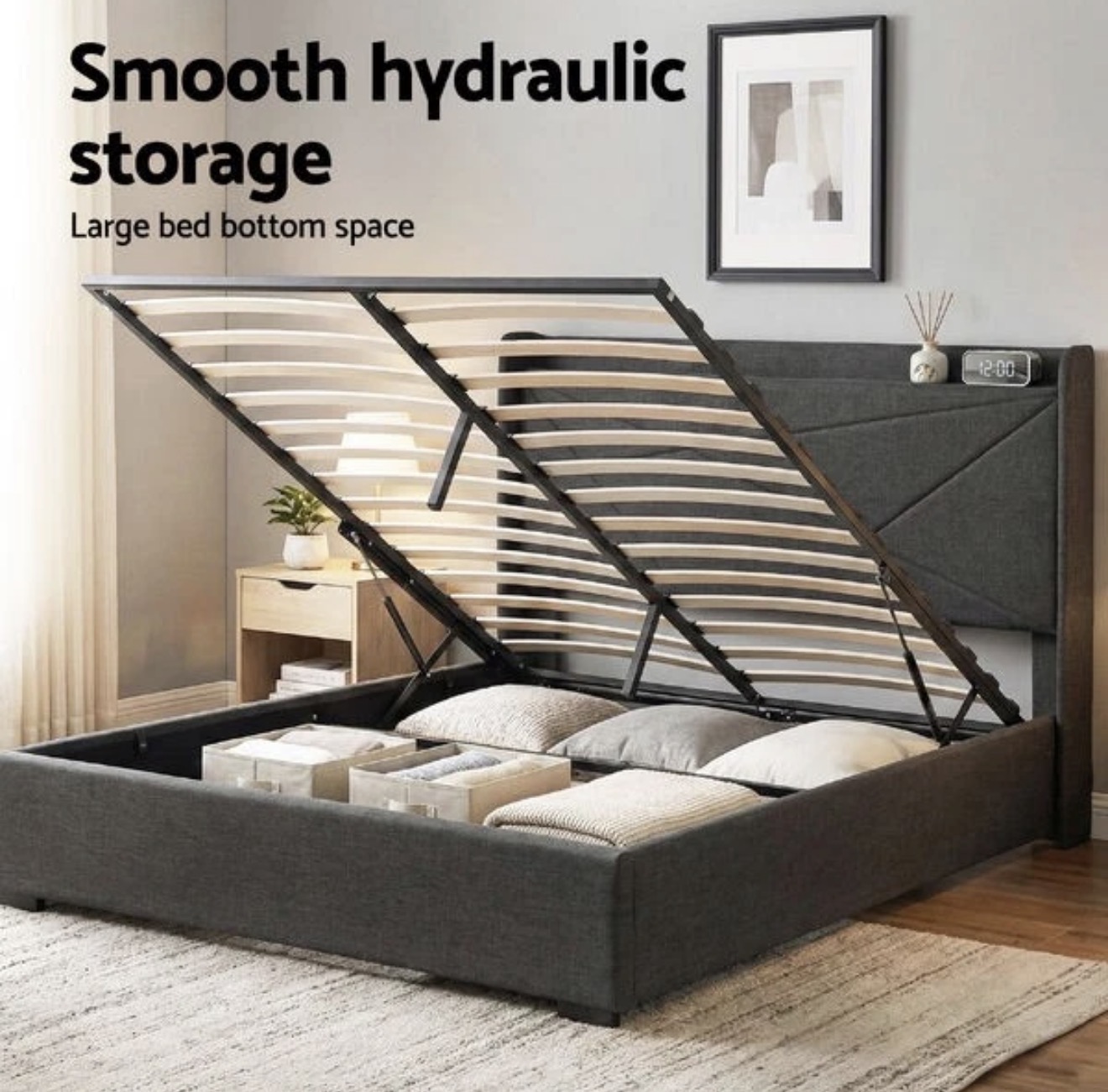Moorfe Double bed Frame dark grey fabric - Image 4