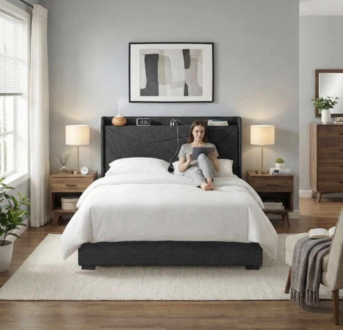Moorfe Double bed Frame dark grey fabric - Image 6