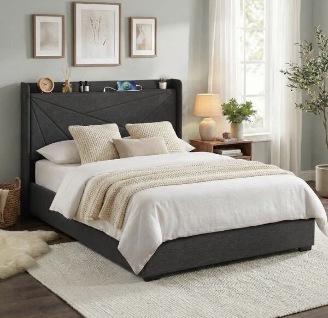 Moorfe Double bed Frame dark grey fabric - Image 2