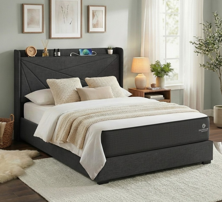 Moorfe Queen bed frame Gas lift with mobile charging port dark grey - Image 2