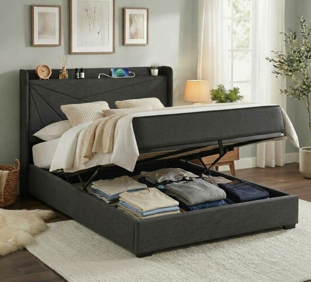 Moorfe Queen bed frame Gas lift with mobile charging port dark grey - Image 3