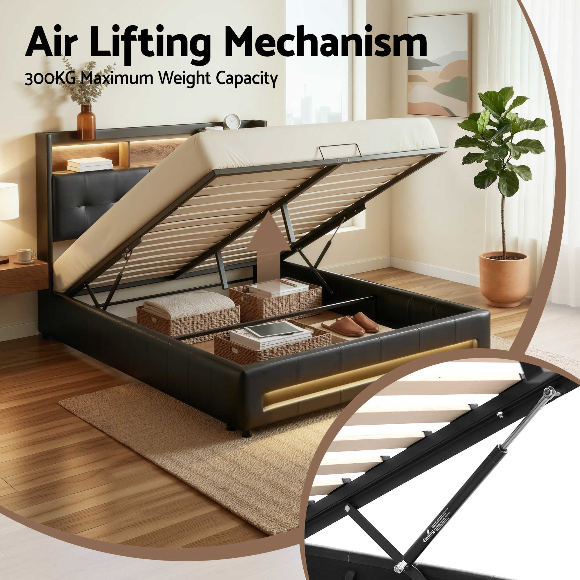 Polo Double gas lift bed frame led light and mobile charging port - Image 5