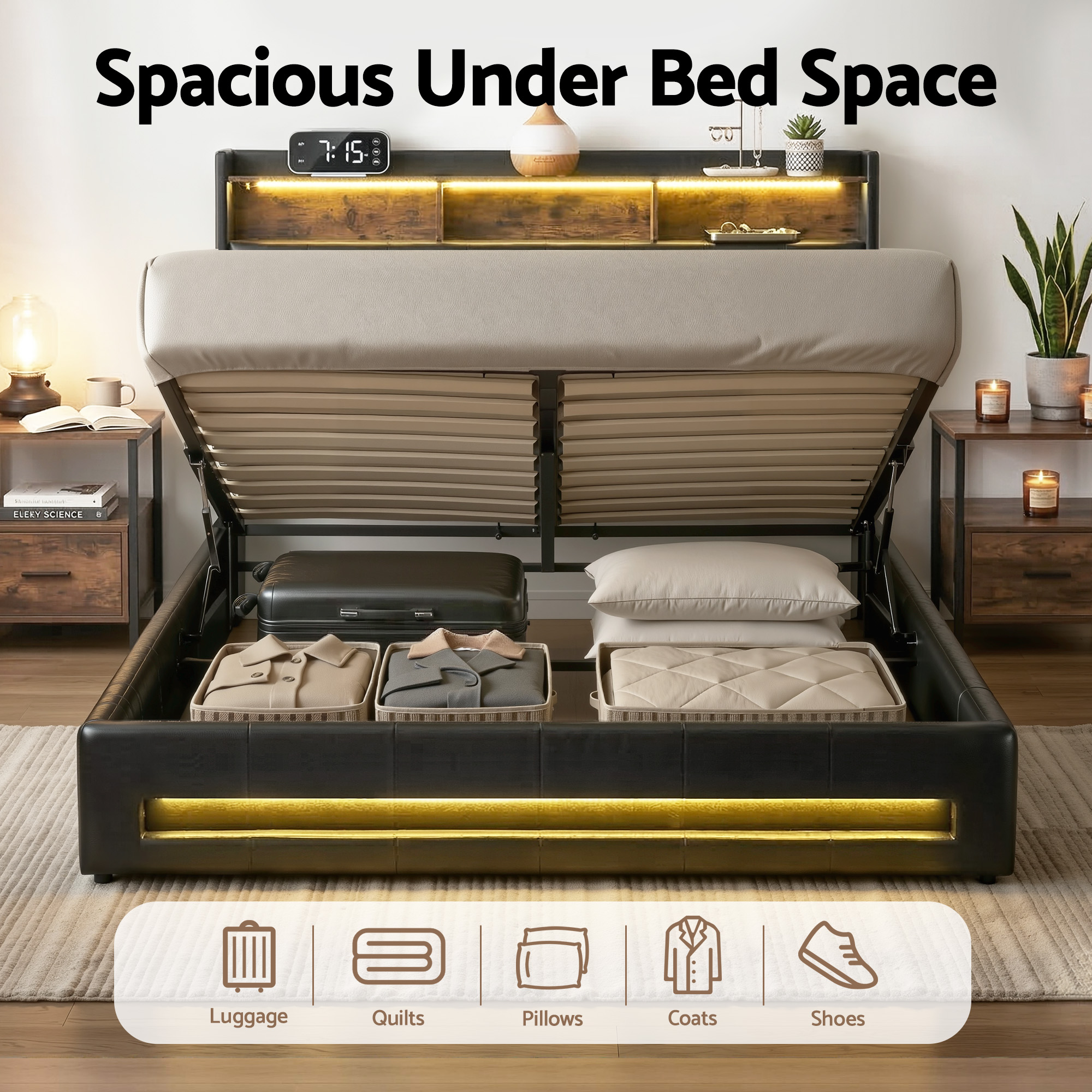 Polo Double gas lift bed frame led light and mobile charging port - Image 4