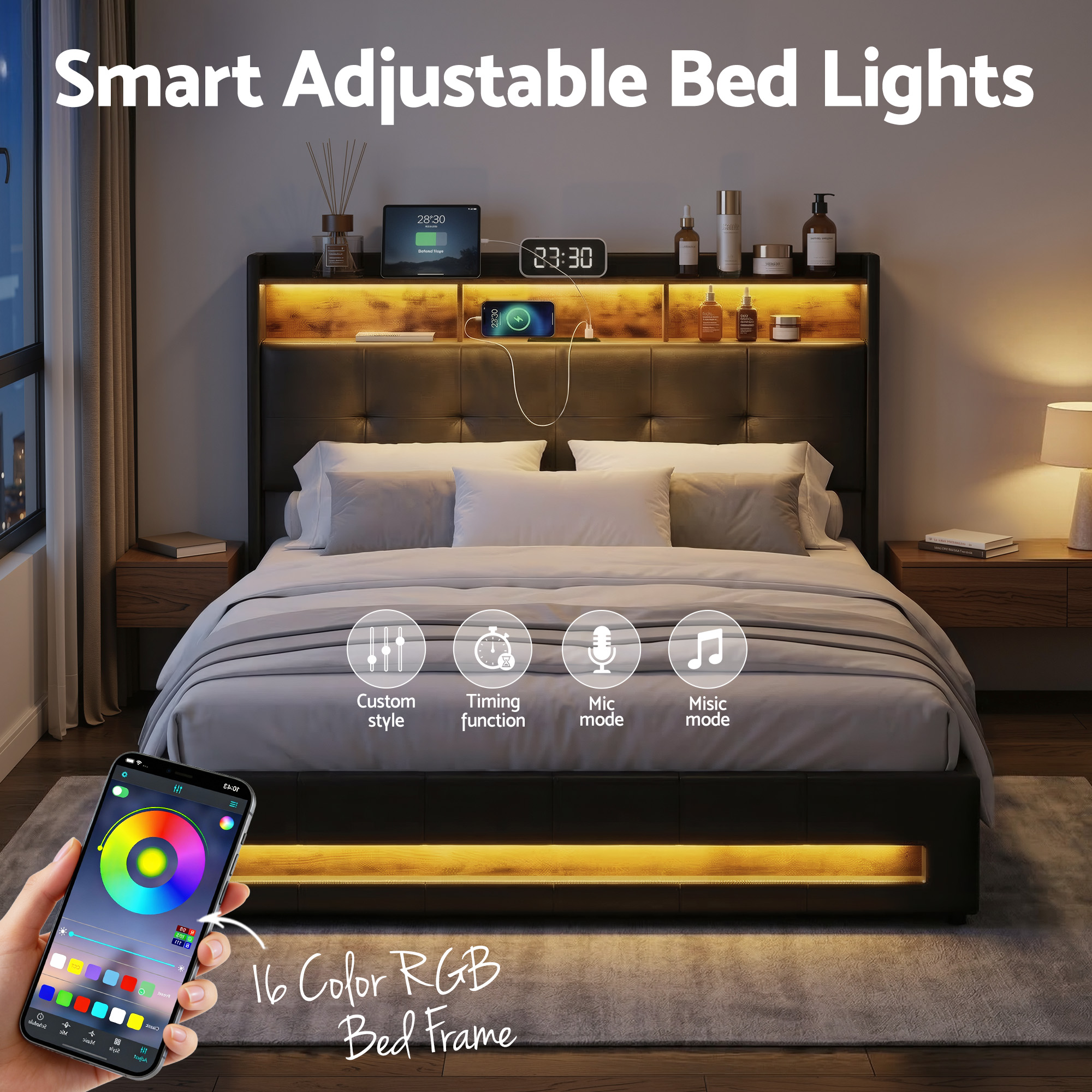 Polo Double gas lift bed frame led light and mobile charging port - Image 2