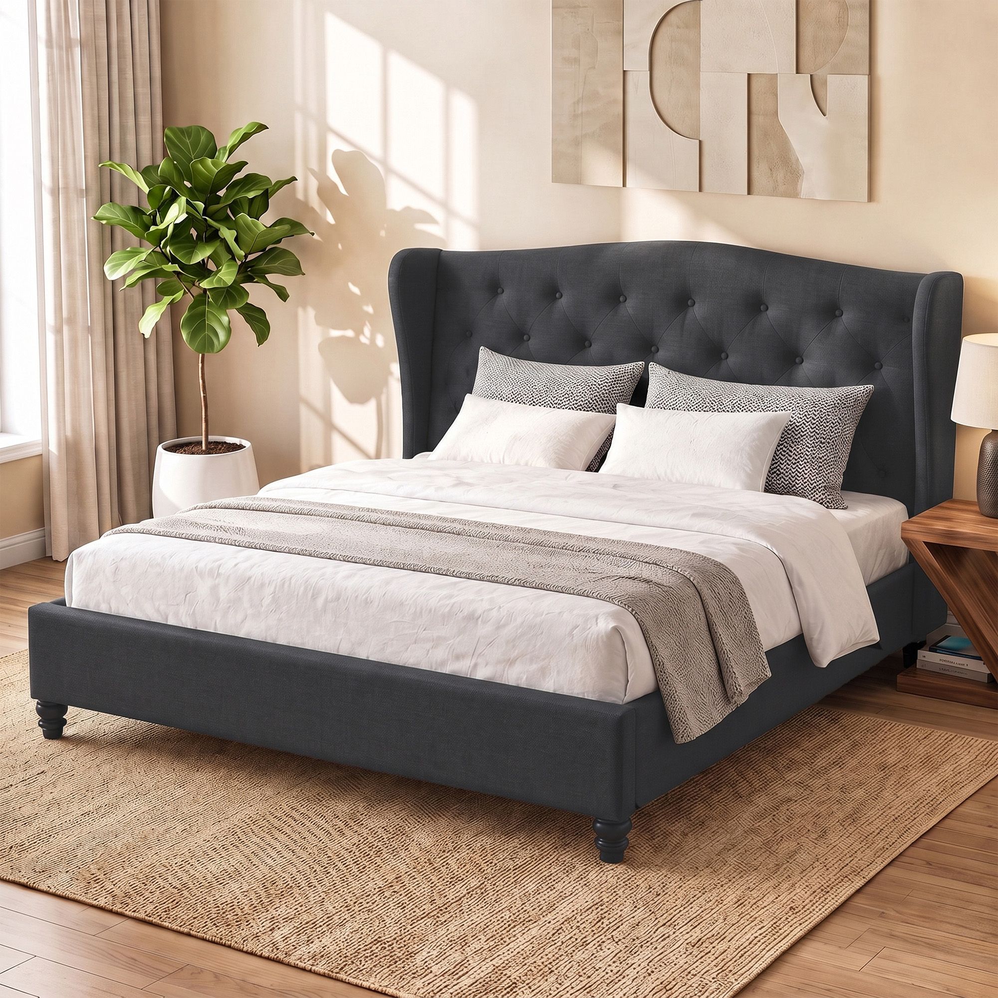 Fiyar King bed frame with side wings Charcol - Image 4